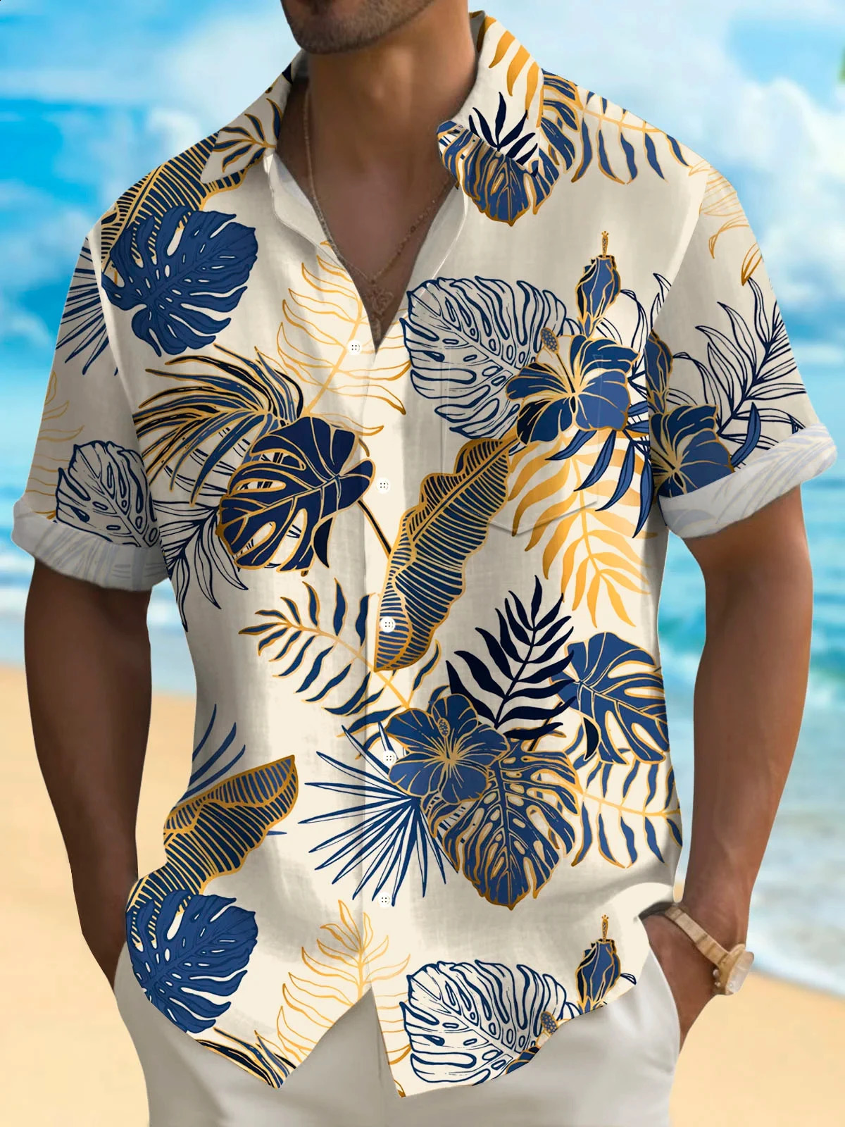 Hawaiian Plant Golden Leaves 3D Print Mens hawaiian Shirt Outdoor Street Casual Summer Turndown Short Sleeve Polyester Shirt 250526