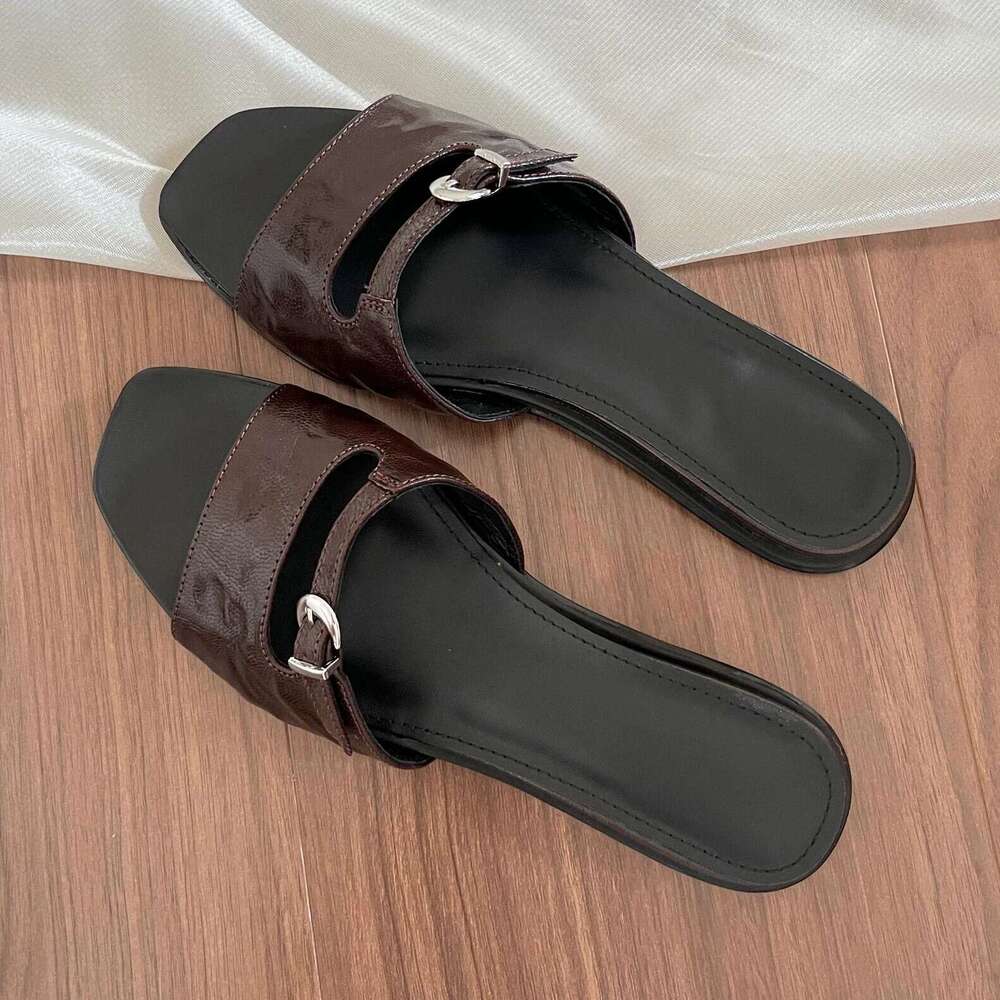 Cowhide Version ~ Small Wedge Open-Toe Square Toe Slip-On for Women Outdoor 2025 Summer New Beach Sandals