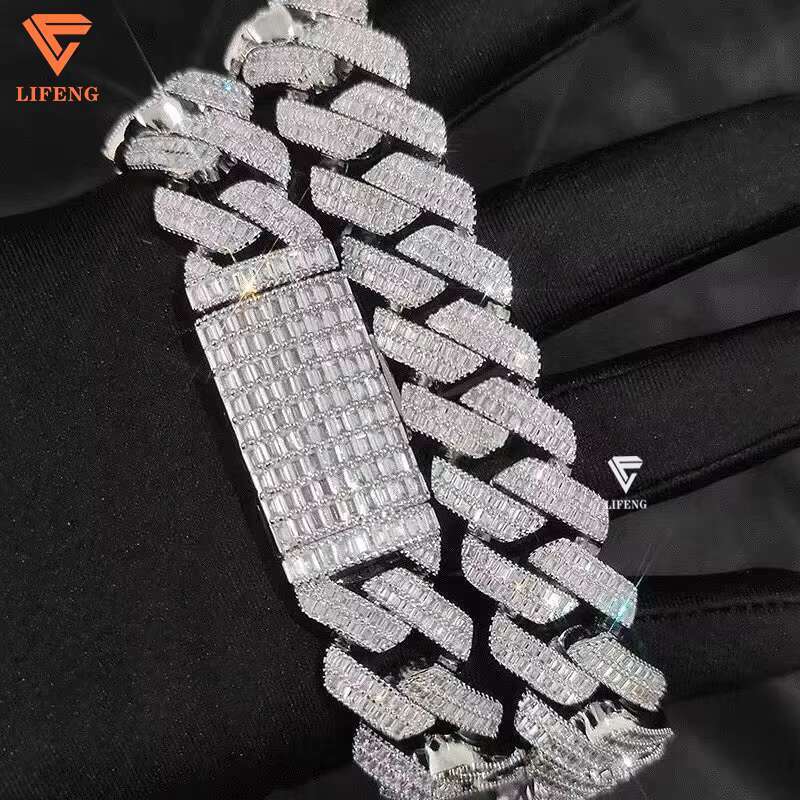 Customizable 18K Gold 925 Sterling Silver VVS Moissanite Diamond 20mm Baguette Fashionable Fine Hip-hop Cuban Link Necklaces for