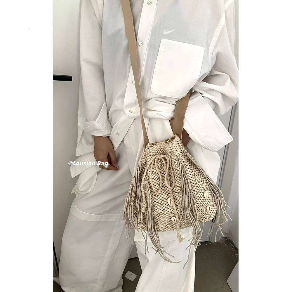 Women's Bags Designer Tassel Shell Straw Summer Bucket For Women Wide Strap Shoulder Bag Bohemian Rattan Beach Bags Purses And Handbags Chic