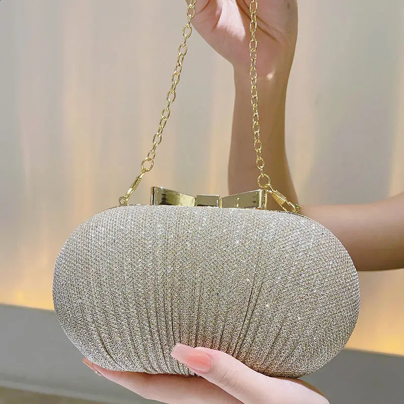 Fashion Women Clutch Bags Ruched Casual Lady Evening Golden Metal Chain Handbags Bling Sequined Banquet Dinner Prom Holder 250528
