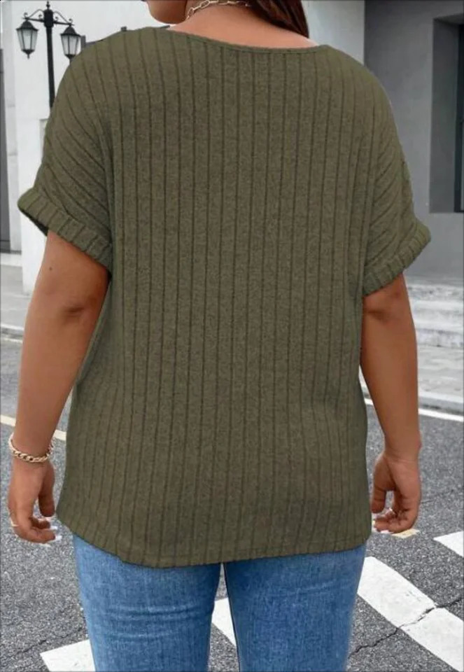 Womens Plus Size Solid Ribbed Zipper Short Sleeve Round Neck Slight Stretch Top 250520