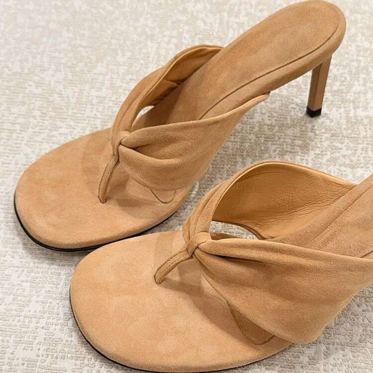 Genuine Suede French Style Stiletto Toe Post Sandals for Women Outdoor 2025 New Spring Summer High Heel Slippers