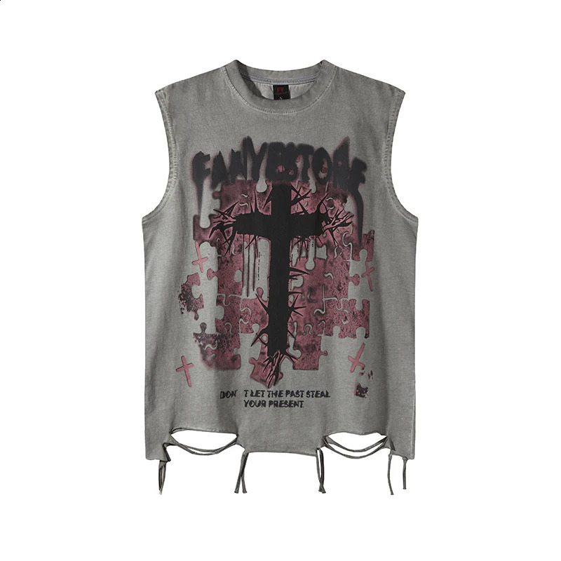 Summer Retro Cross Printed Tank Tops Y2k Men Oversize Sleeveless White Tshirt Hole Cut Vintage Washed Vest Cotton Streetwear 250517