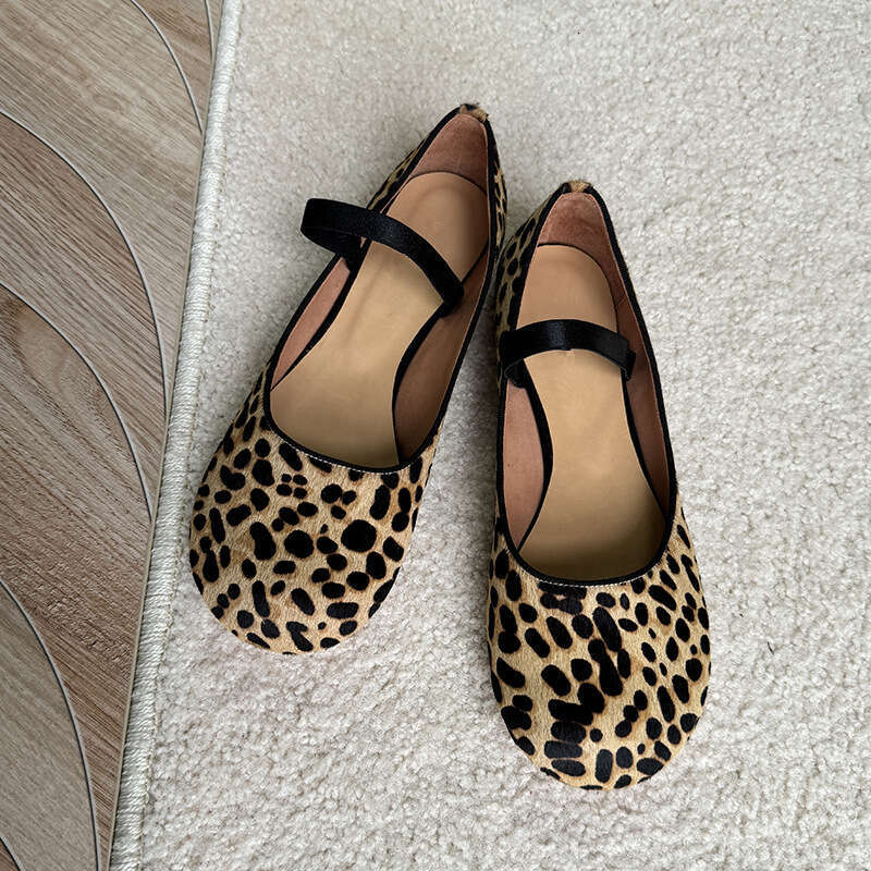 Genuine Leather Round Toe Leopard Print Shallow Mouth Mary Jane Shoes for Women Summer Autumn Ballet Flats