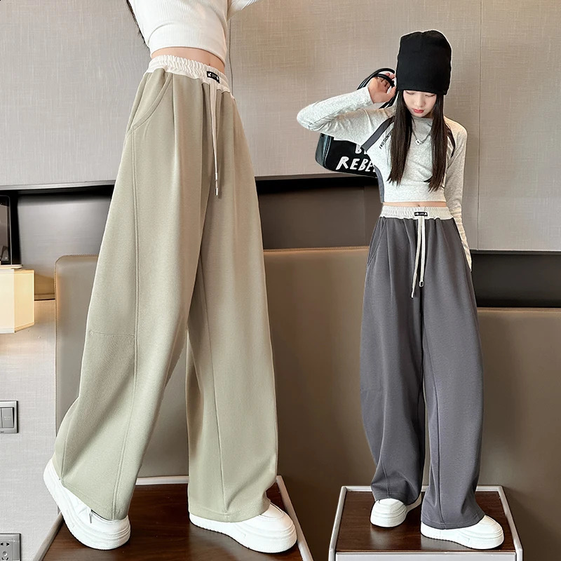 Girls Wide Leg Drawstring Pants Kids Fashion Loose Pants Children Straight Sweatpants High Waisted Spring Autumn Casual Trousers 250528