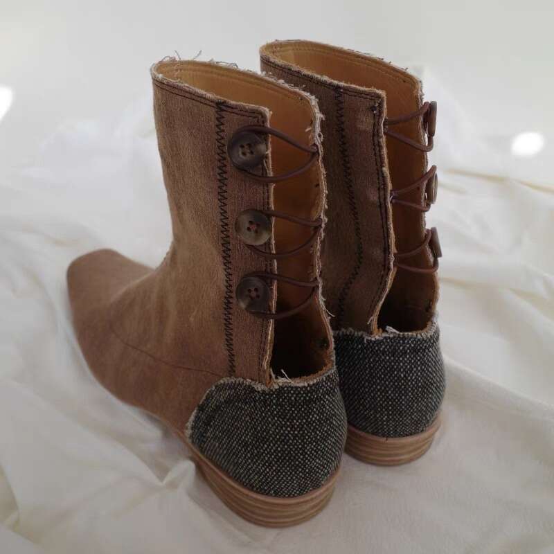 Chinese Style National Trend Niche Design Shoes with Hollow Button Short for Women 2024 New Thick Heel Martin Boots