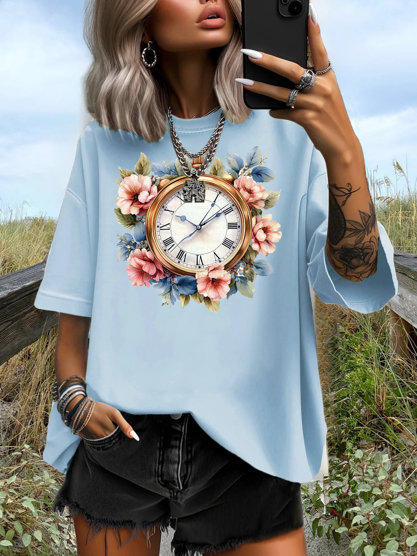 Summer Womens Plus Size TShirt Original n Fashion Flower Clock Pattern Print Casual Round Neck Short Sleeved Tops 250519