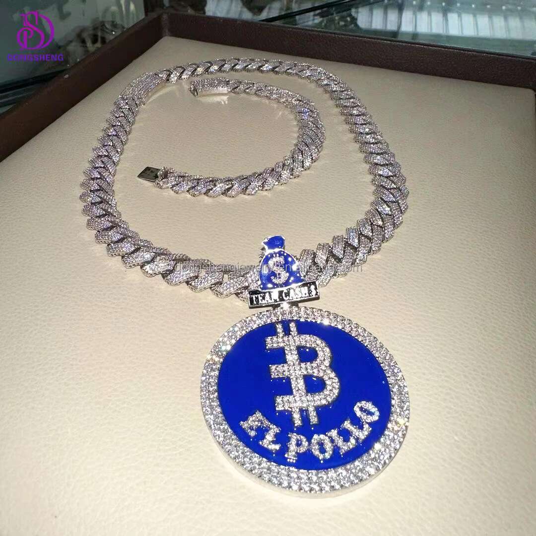 Pass the Diamond test Pen Hip Hop Jewelry 925 Sterling Silver Charm Necklace 18mm Iced Out Moissanite Cuban Chain Necklace