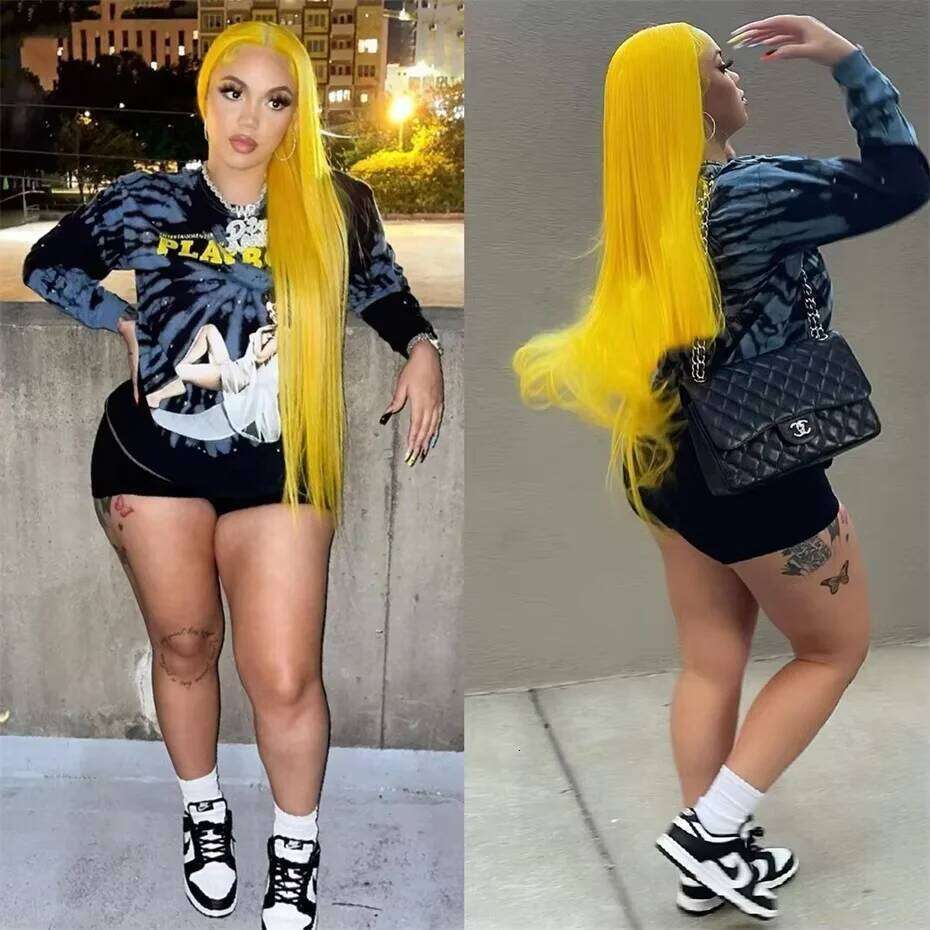 300 Density 13x6 HD Front Lemon Yellow Colored 40Inch Straight Lace Frontal Wig PrePlucked Human Hair Wigs