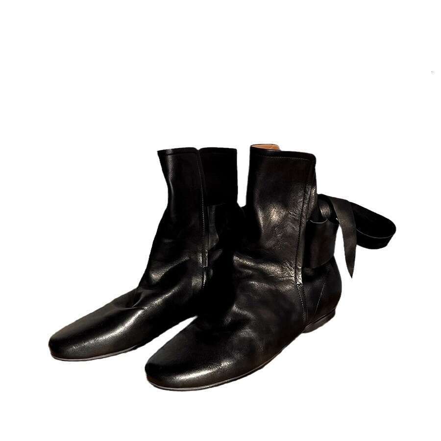 Genuine Leather Niche Dyed British Style Martin for Women, Autumn Winter Chelsea Ankle with Bowknot, Flat Pleated Slouch Boots