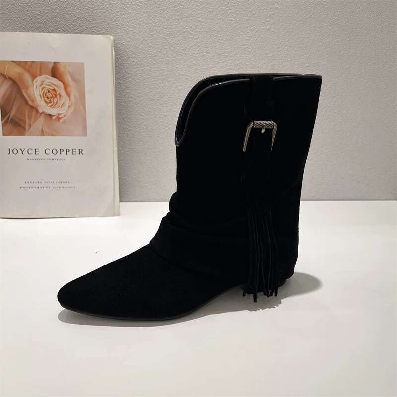 Genuine Leather Niche Suede Pointed Toe Tassel Slim Short Women 2024 Autumn Winter New V-Cut Fashion Martin Boots