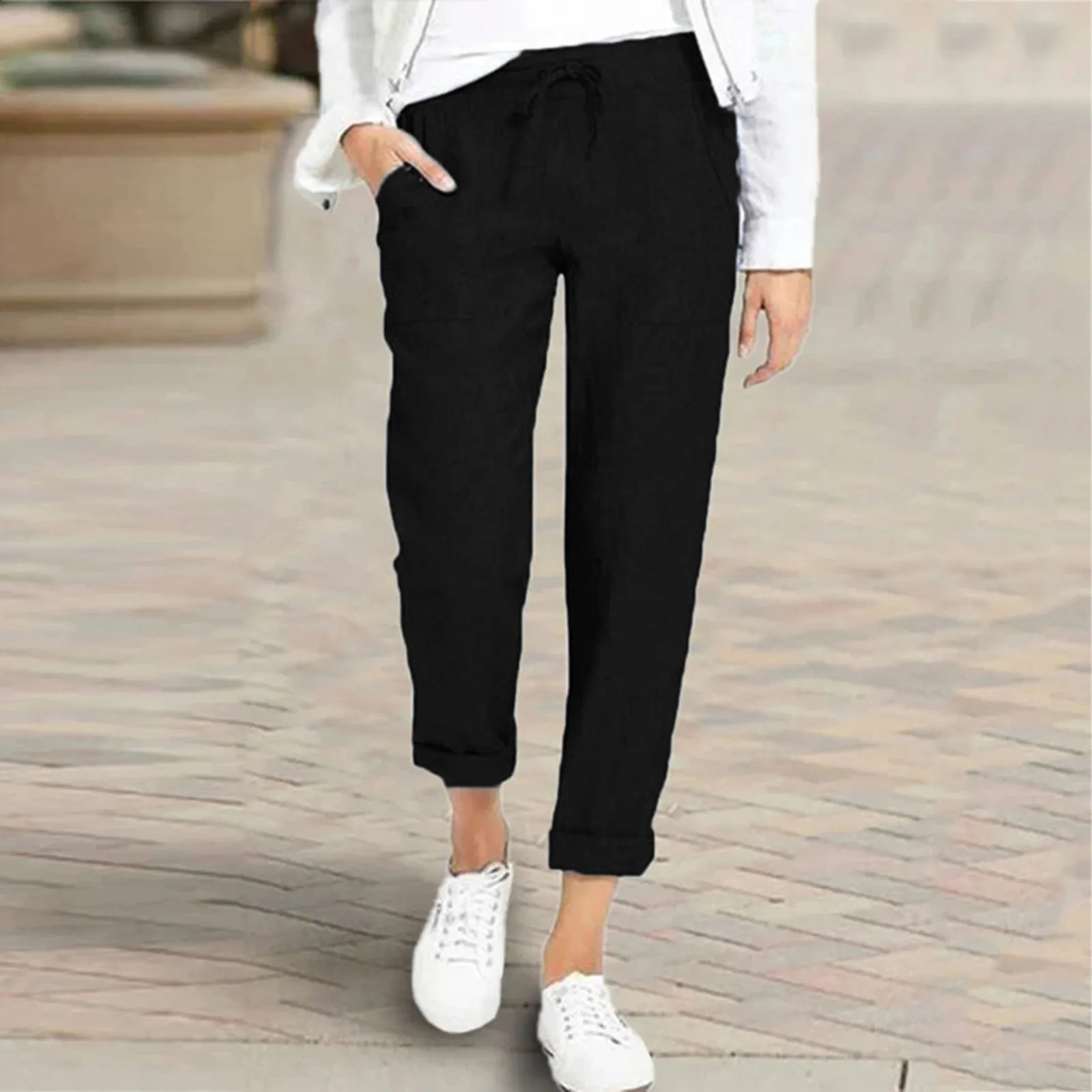 WomenS Linen Cropped Pants Bottoms With Pockets Trousers Drawstring Loose Straight Casual For Summer Daily Wear 250529Z