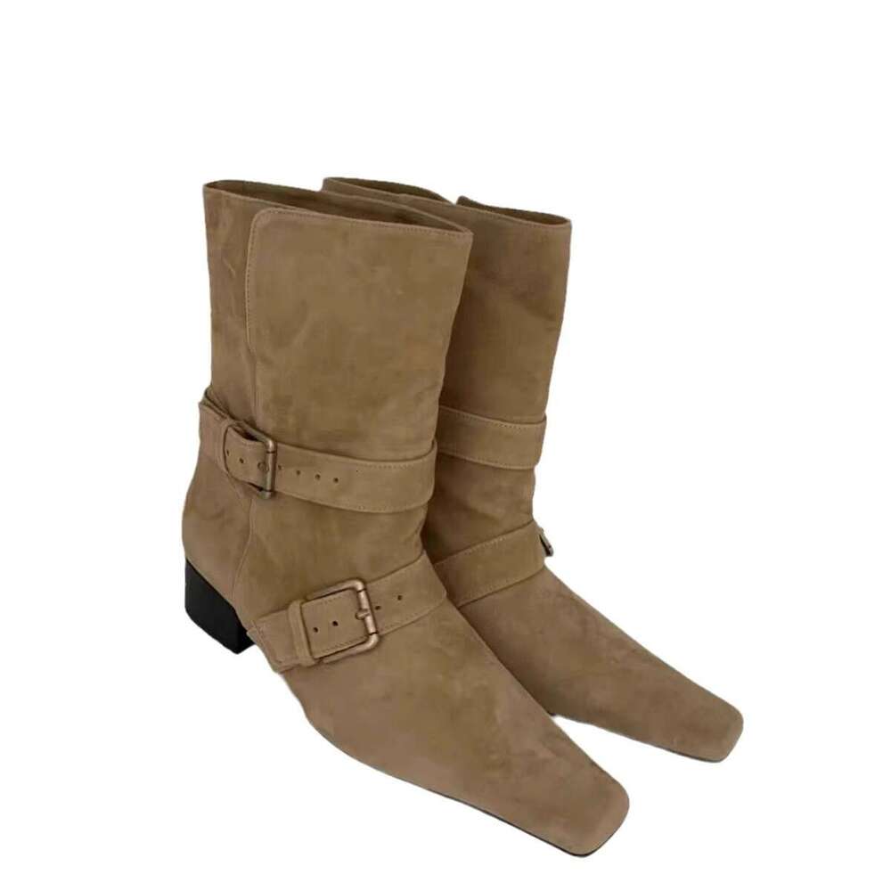 Korean Style Niche Suede Belt Buckle Chunky Heel Square Toe Short Slim Women Autumn Winter Western Cowboy Boots
