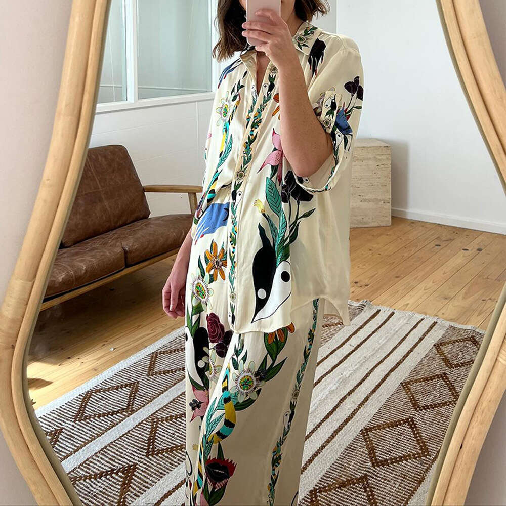 Autumn Women's Clothing Shirt Pants Loose Print Casual Two-Piece Set B5