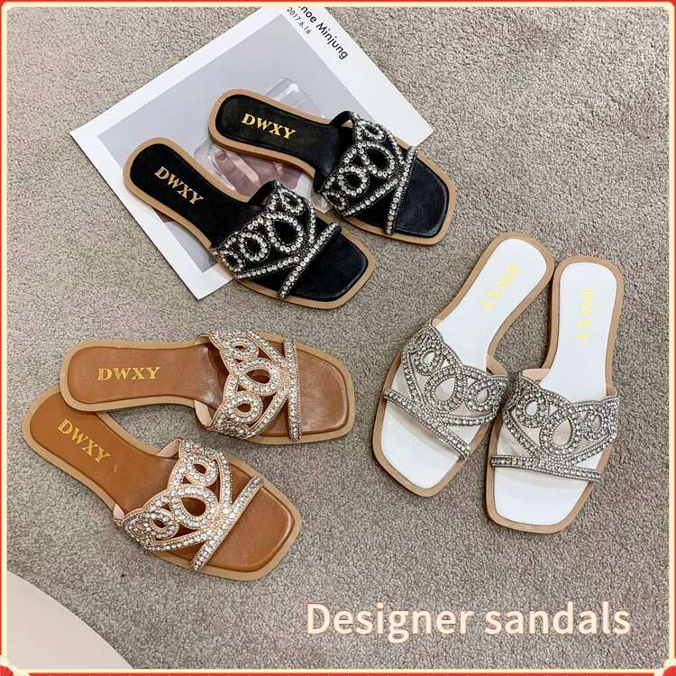 Designer Plus Size Women's Sandals 2025 Solid Color Flat Sandals Casual Square Toe Outdoor Wear Beach Rhinestone Slippers Luxury Shoes Wholesale