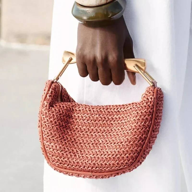 Summer Rattan Woven Crossbody Shoulder Bag,Half-Moon Beach Tote Bag,Women Designer Purse,Casual Metal Handle Straw Handbag