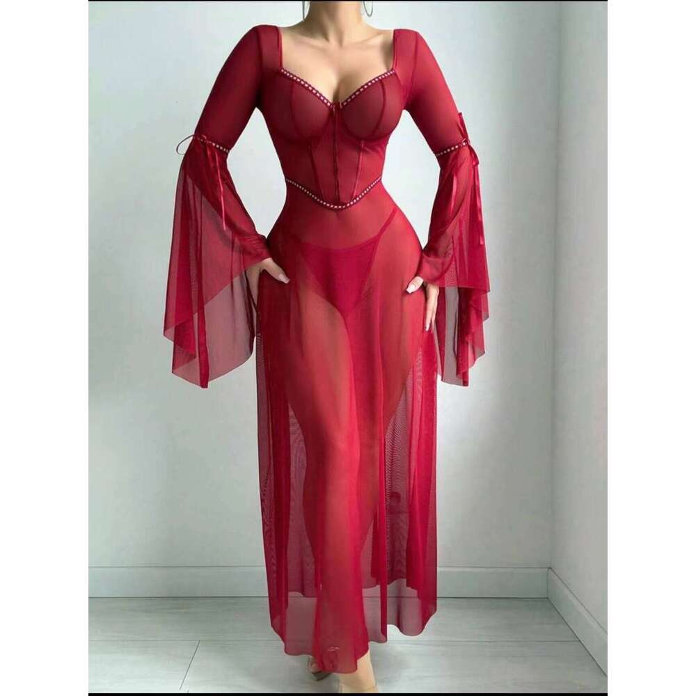 Tdz69 High Quality Long Dress Transparent Red Stripper Outfit Femme Nightie Sexy Lingerie Women Sets