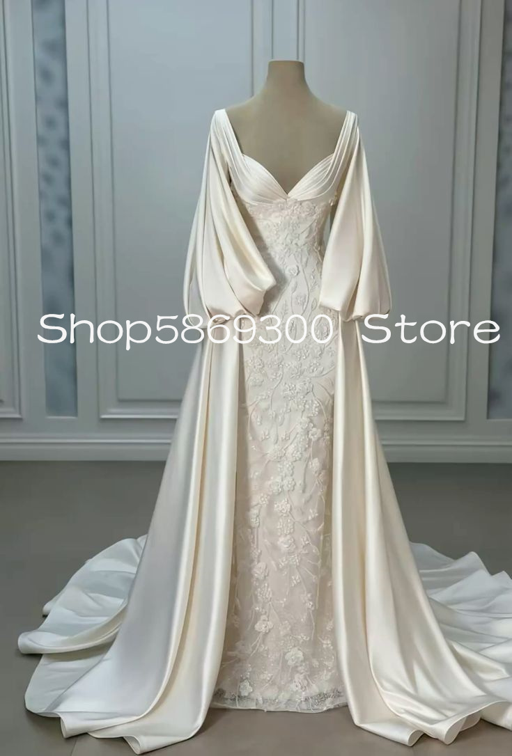 Ivory Long Sleeve Mermaid Wedding Dresses with Detachable Train Lace Stain Customsized Saudi Bridal Gown Garment