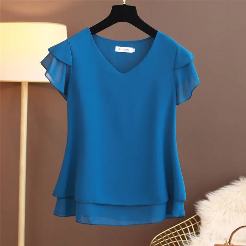 2025 Summer Women Blouse Loose VNeck Chiffon Shirt Female Short Sleeve Blouse Oversized Shirts womens tops and blouses Top 250529Z