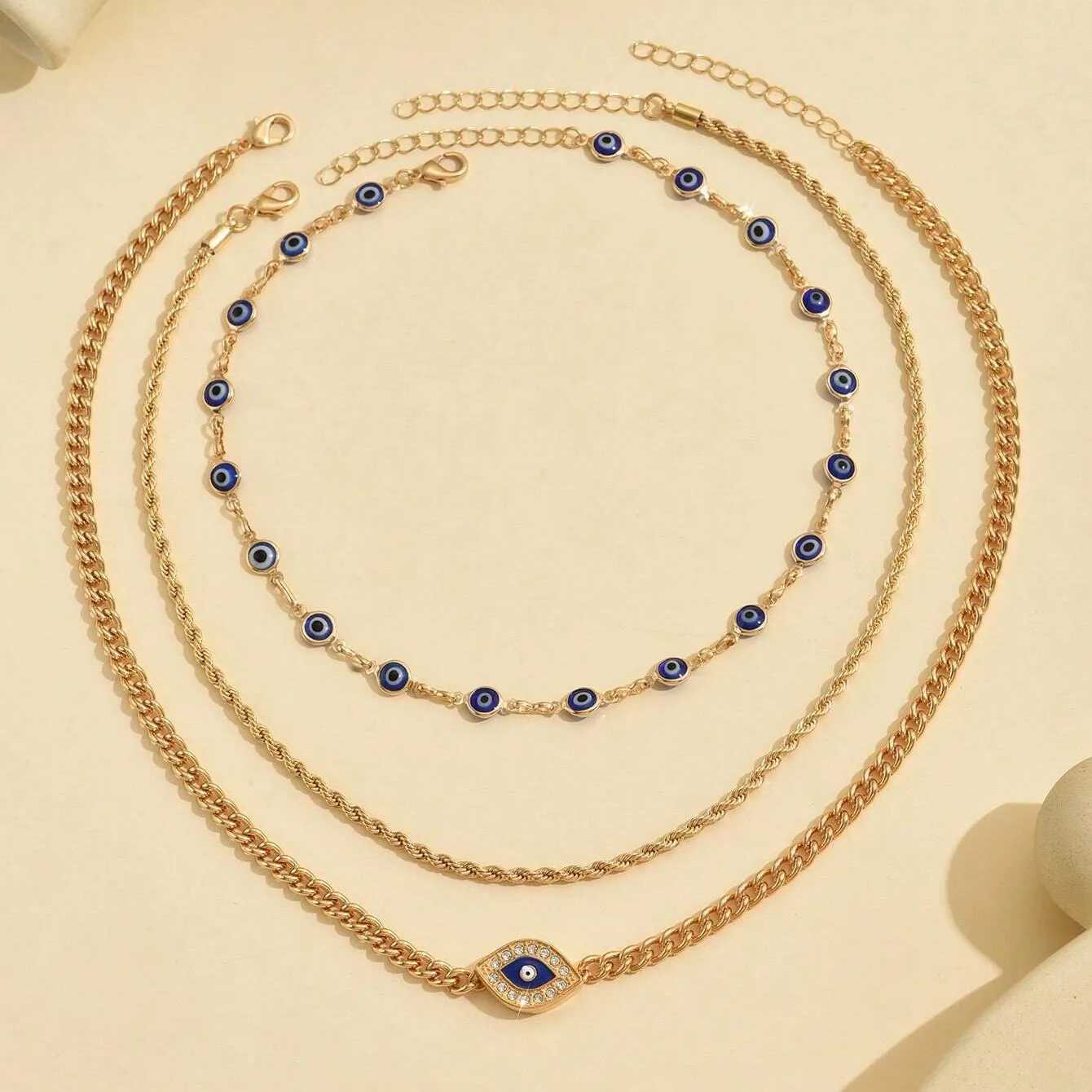 Boho Lucky Multi-layers Crystal Evil Eye Pendant Necklace For Women Geometric Round Charm Clavicle Chain Beach Jewelry XJ250528