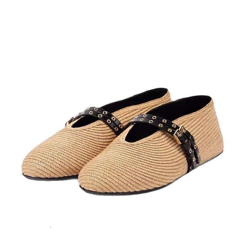 Genuine Leather French Style Straw Woven Double Strap Round Toe Shallow Mouth Flat Ballet Flats Women 2025 Spring Mary Jane Shoes