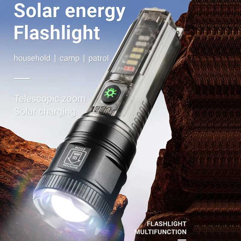 Outdoor Portable Solar Rechargeable LED Flashlights Super Bright Emergency Self Defense Hard Light Camping Zoom Hand Torch LightXJ250529