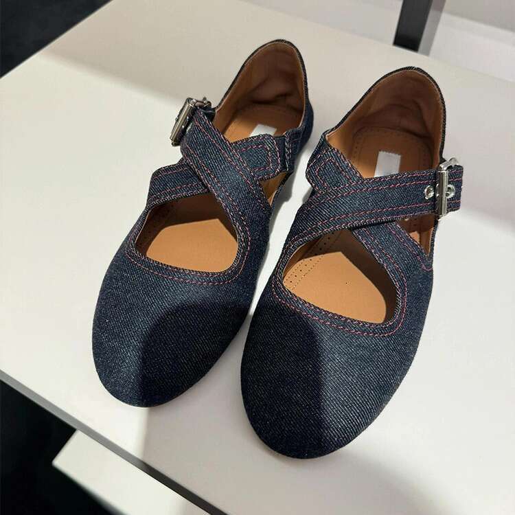 Genuine Leather Korean Style Niche Denim Cross Buckle Round Toe Flat Ballet Mary Jane Shoes for Women Summer Autumn New