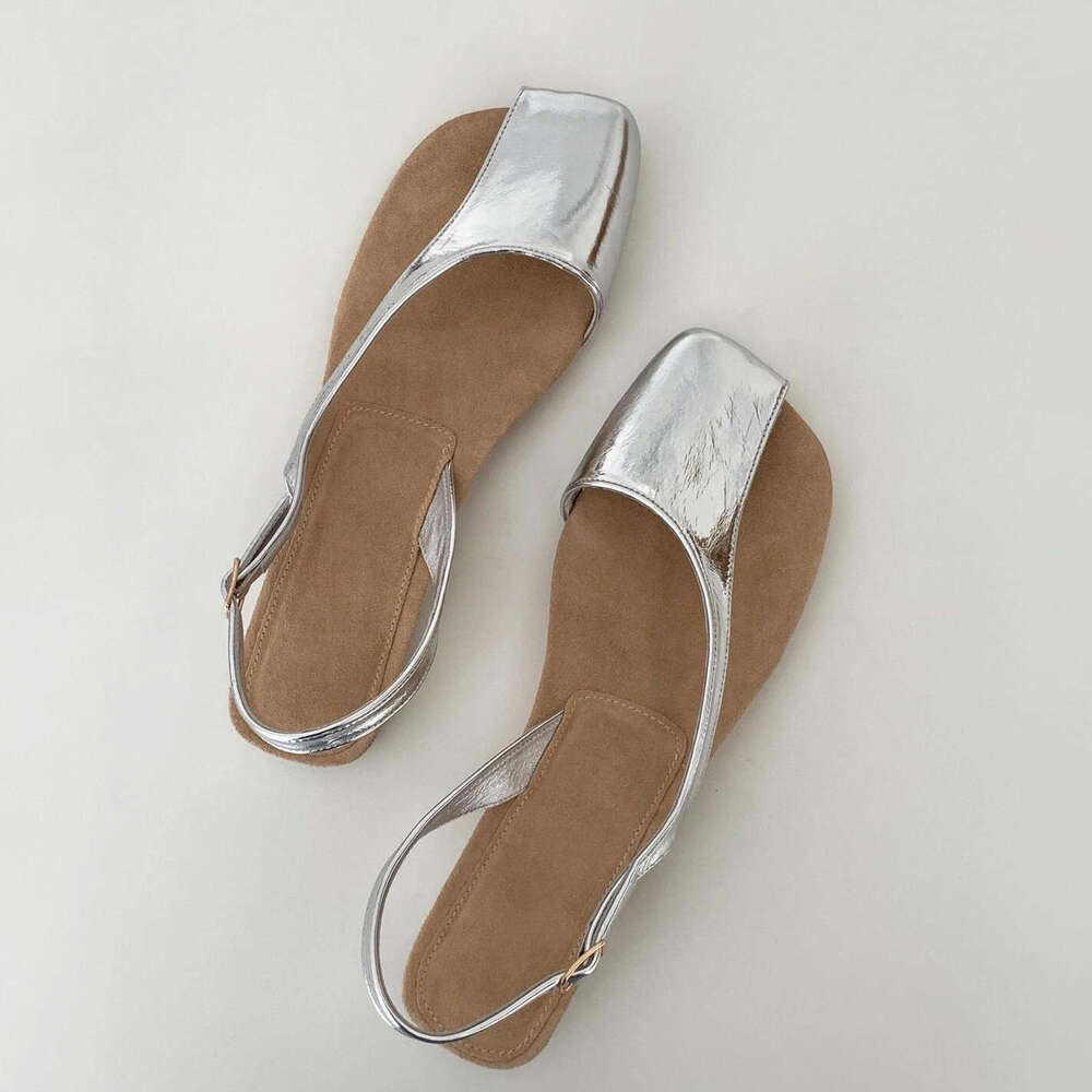 Genuine Leather Niche High-End Half-Covered Open-Toe Women 2024 Summer Square Toe Toe-Post Flat Sandals for Outdoor Wear