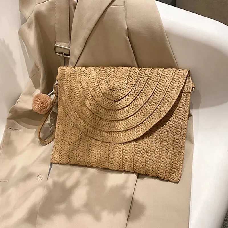 Handmade Straw Beach Shoulder Crossbody Bag Girls Envelope Woven Summer Small Hair Ball Clutch XJ2520528