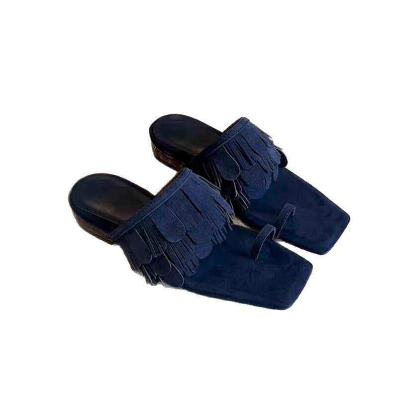 Sheepskin Version ~ Niche Suede Tassel Low Heel Square Toe Slip-On Mules for Women Outdoor 2025 Summer Sandals