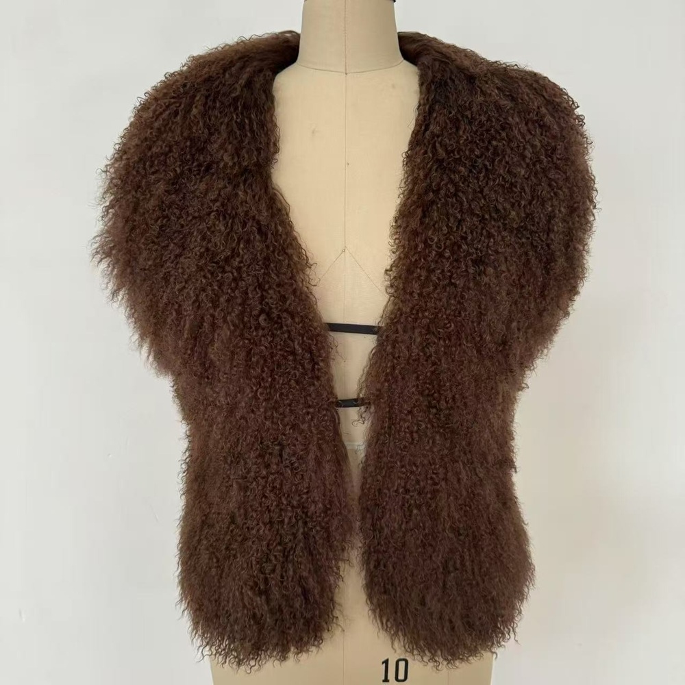 Fluffy Sexy Luxury Mongolian Fur Halter Vests Women Solid Deep V-Neck Backless Bandage Sleeveless Jacket Top Outerwear Coat