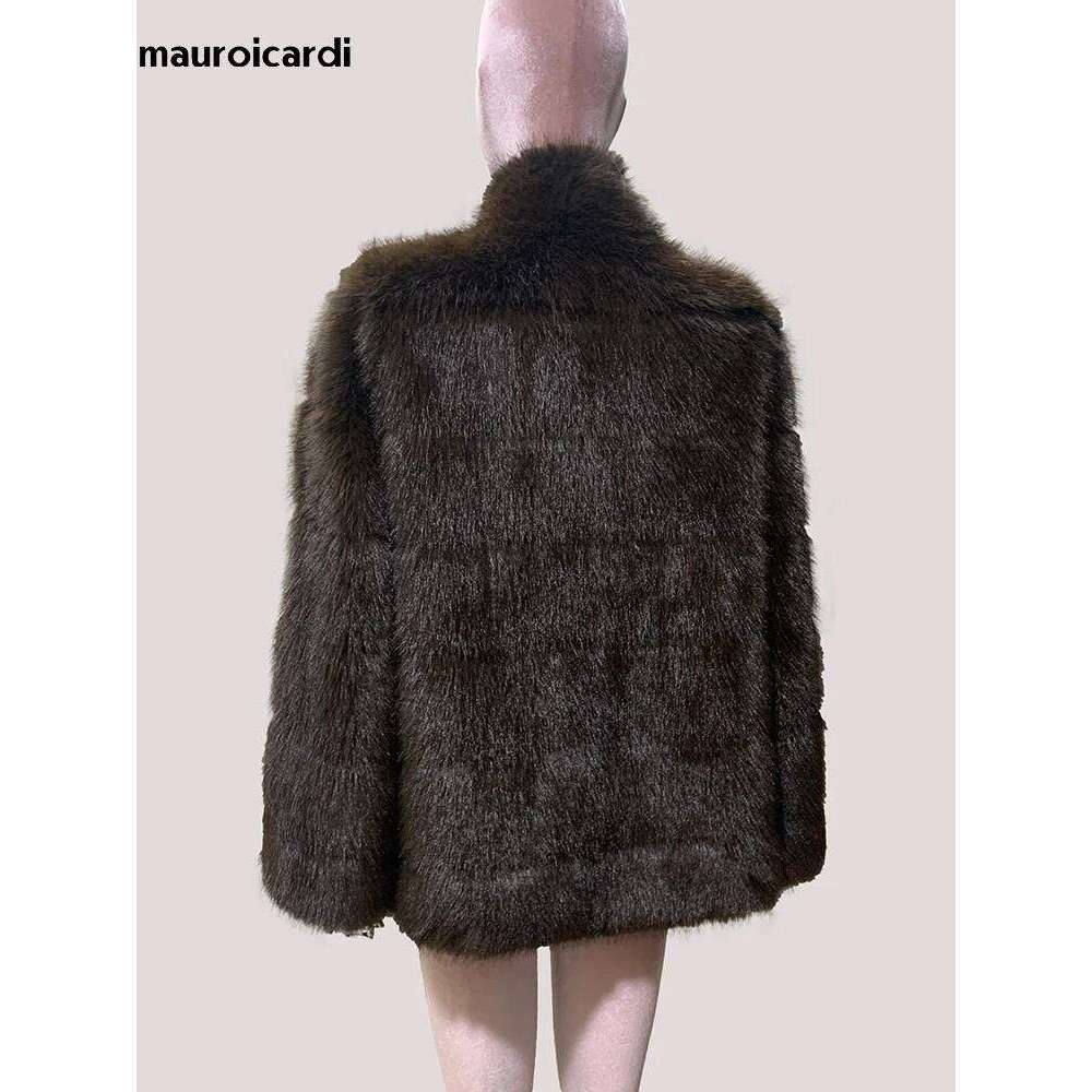 Mauroicardi Autumn Winter Thick Warm Soft Hairy Shaggy Striped Faux Sable Fur Coat Women with Deep V Neck Elegant Fluffy Jacket