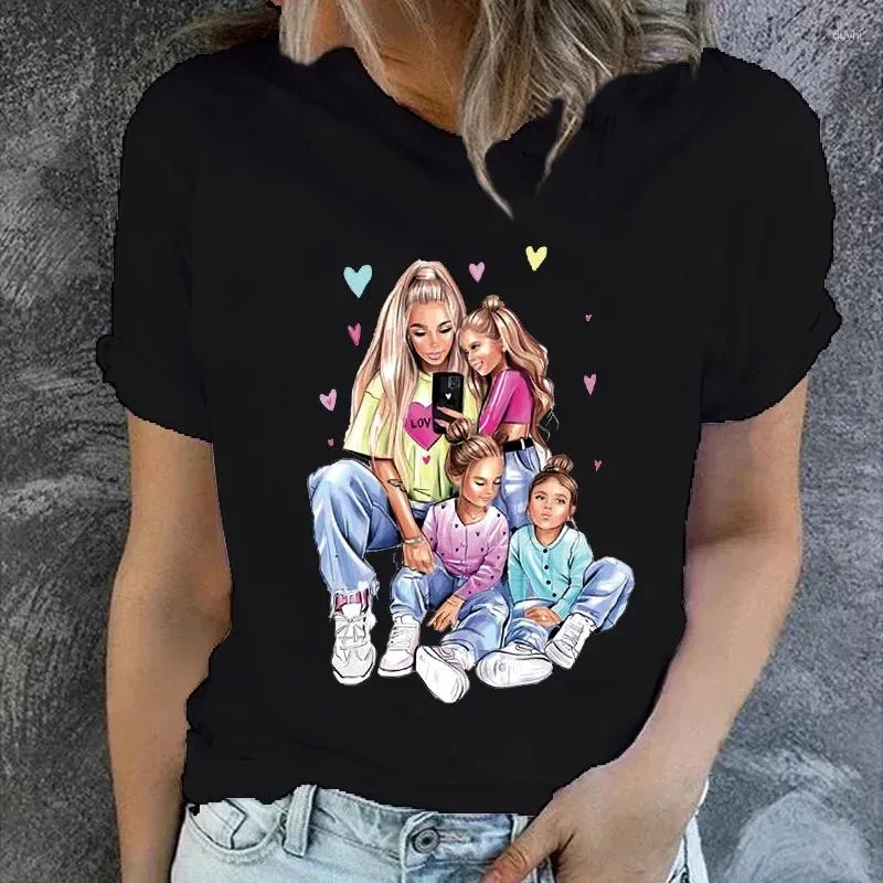 Women's T Shirts Women Cartoon Momlife Mom Mother Three Girls Print Lady T-Shirt Top Shirt Ladies Womens Graphic Female Tee