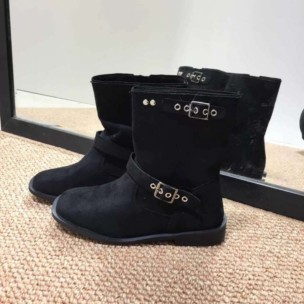 Korean Style Niche Square Toe Suede Western Cowboy for Women 2024 Autumn Winter Belt Metal Buckle Martin Short Boots