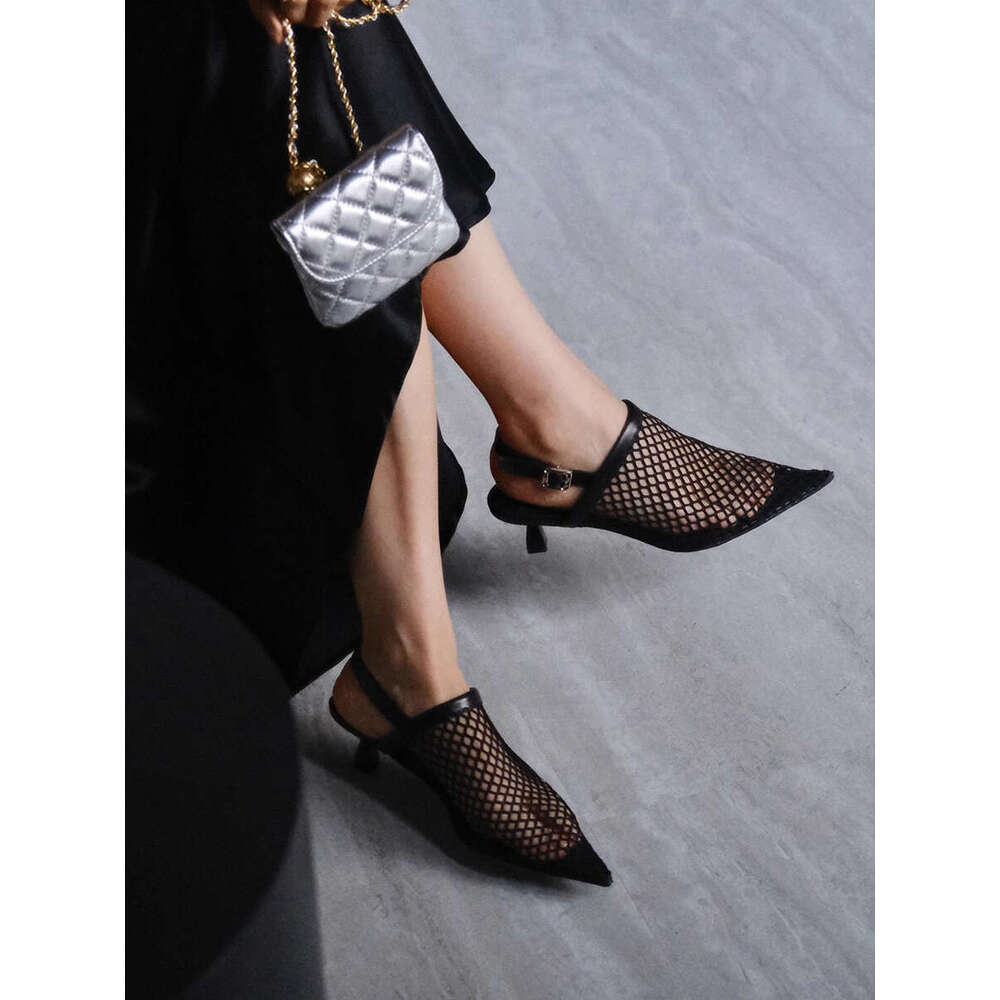 Niche Fishnet Breathable Pointed Toe Sandals for Women Summer New Mid Heel Stiletto Mules Slippers