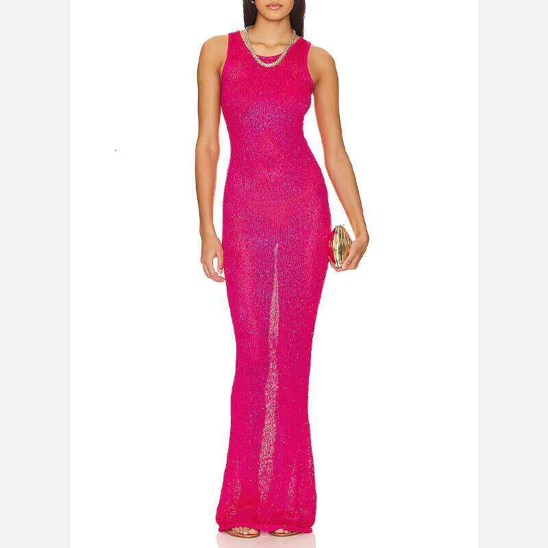 Hollow Out Maxi Length Side Slit Fashion Sexy Party Wear Dresses Summer Sequin Bikini Crochet Cover Ups Beach Dress