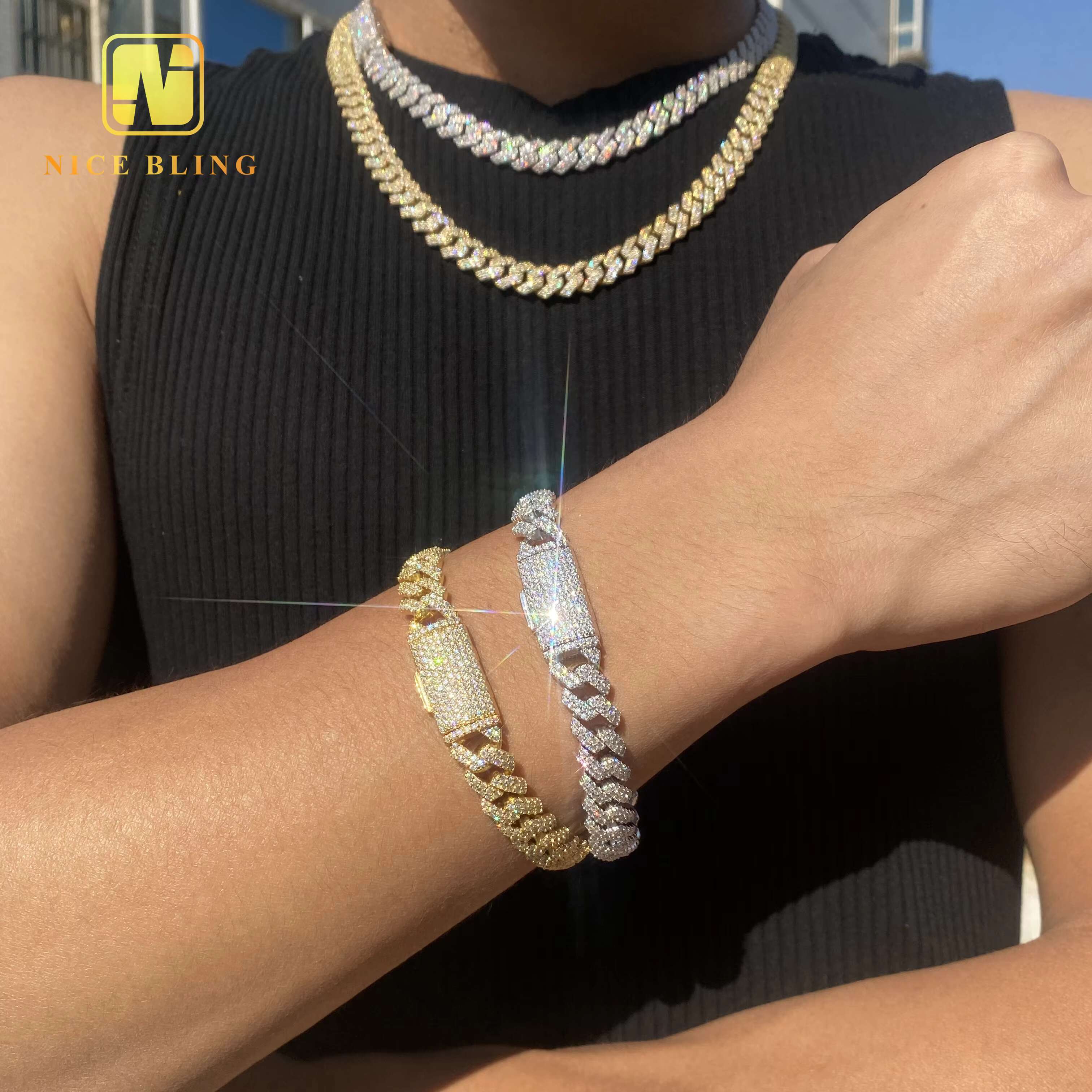 Classic Hot Selling Stocks Pass Diamond Tester 925 Silver 10MM Two Row Regular Popular Moissanite Cuban Link Chain