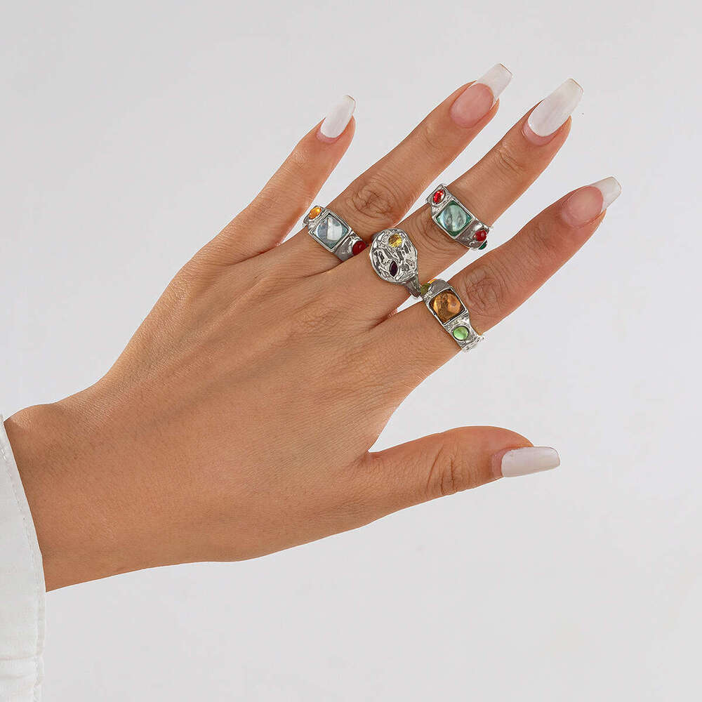Jewelry Fashion Colorful Inlaid Geometric High-end Irregular Alloy Ring