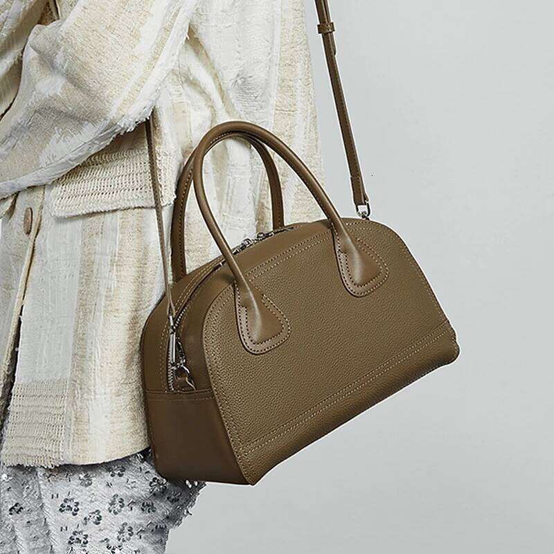 Burminsa Cowhide Genuine Leather Bowling Tote Handbags For Women 2025 Trend Designer Shell Work Ladies Shoulder Crossbody Bags