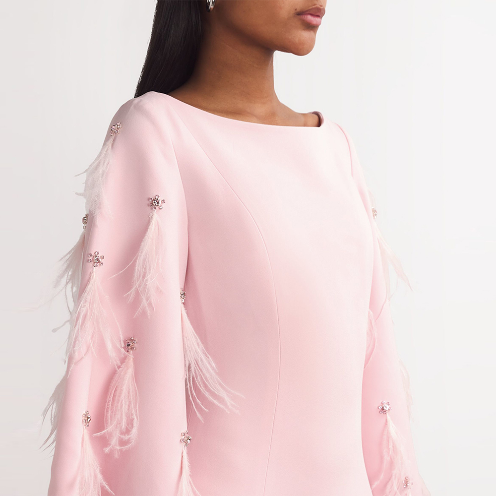 Simple Pink Party Gown Sheath Beaded Crystal Evening Dresses Feather Long Sleeves Prom Gown for Africa Women