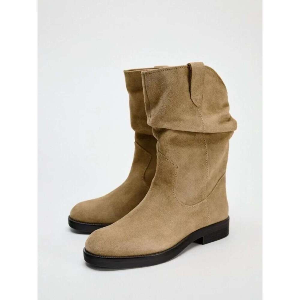Melard Round Toe Western Cowboy Chunky Heel Thick Sole Mid-Calf Autumn Winter Fleece Lined Slouch Women Boots