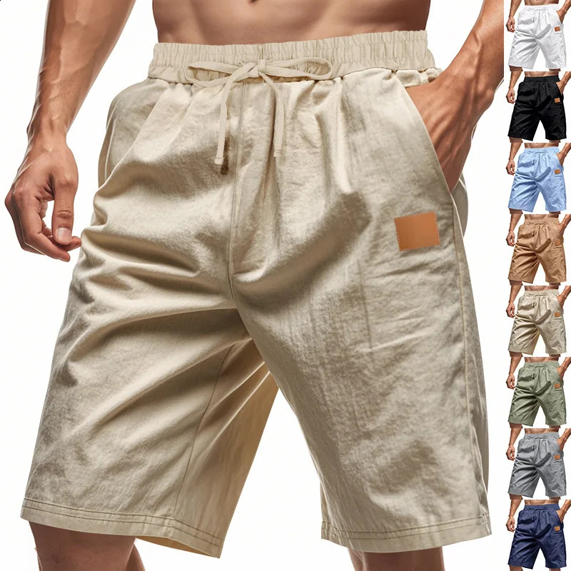 Solid color linen shorts mens summer large size thin breathable beach sports casual loose mens shorts 250527