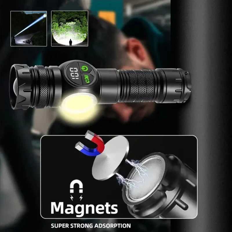 Rechargeable LED Flashlight Powerful Battery Flash Light with Tail Magnet Zoom Torch Light Long Range Lamp for Camping XJ250529