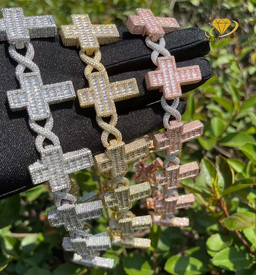 Pass Diamond Tester Moissanite Jewelry 15mm Hip Hop Mens Bracelet Iced Out Baguette Cross Infinity Cuban Link Chain Necklace