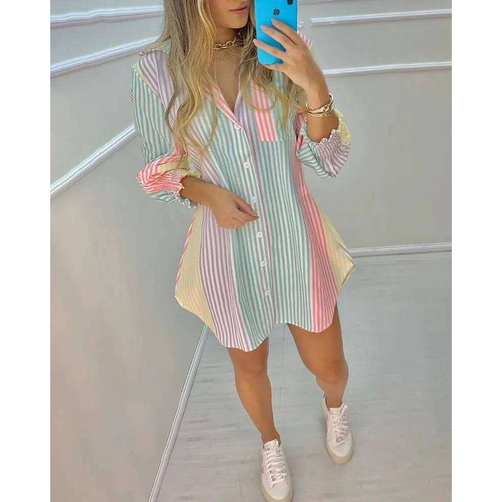 Women's Wear Fashion Striped Sleeve Buttons Shirt Dress Women 2023 Summer Fall Clothes Print Long Tops Femme Blouses Woman Shirts