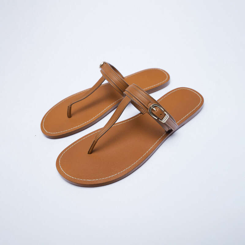 Genuine Leather Korean Style Post for Women, Summer New Beach Vacation Flat Open Toe Roman Sandals