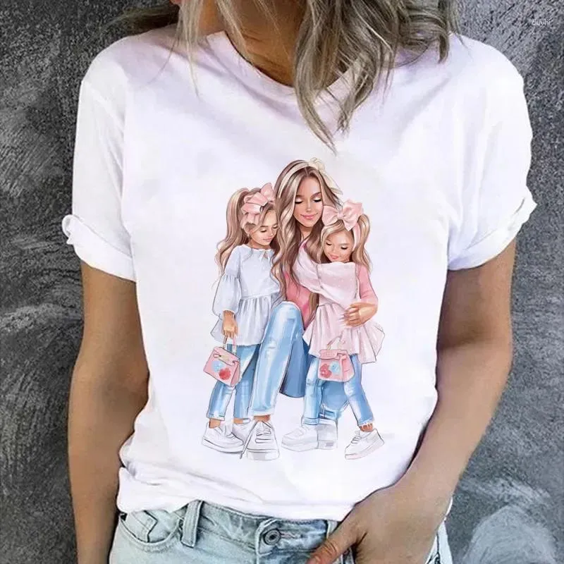 Women's T Shirts Women Cartoon Momlife Mom Mother Three Girls Print Lady T-Shirt Top Shirt Ladies Womens Graphic Female Tee