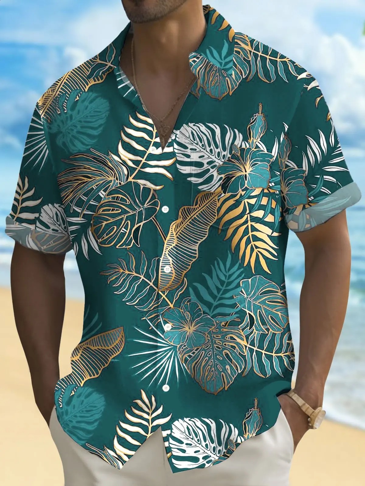 Hawaiian Plant Golden Leaves 3D Print Mens hawaiian Shirt Outdoor Street Casual Summer Turndown Short Sleeve Polyester Shirt 250526