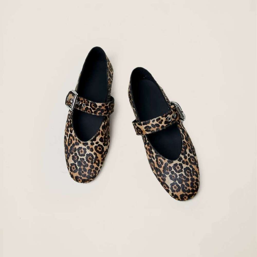 Genuine Leather Niche Horsehair Leopard Print One-Strap Single for Women 2025 Spring Summer Square Toe Shallow Mouth Flat Mary Jane Shoes